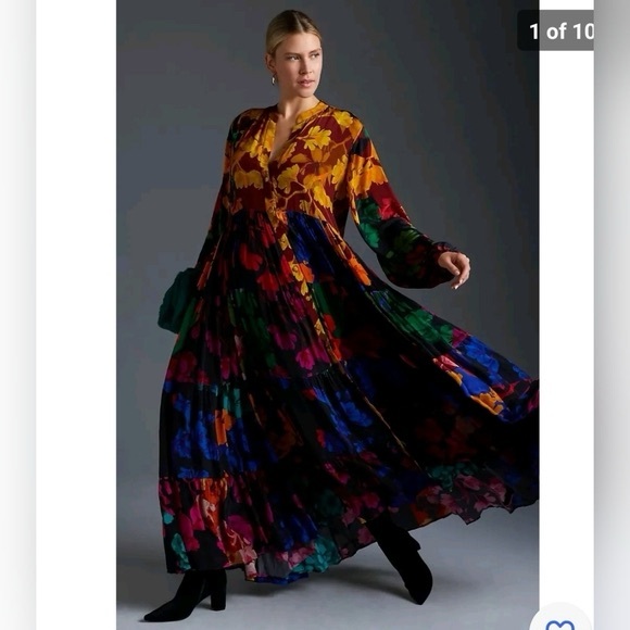 Anthropologie Siddhartha Bansal flower maxi long sleeve Print  Dress size xs - Picture 7 of 9